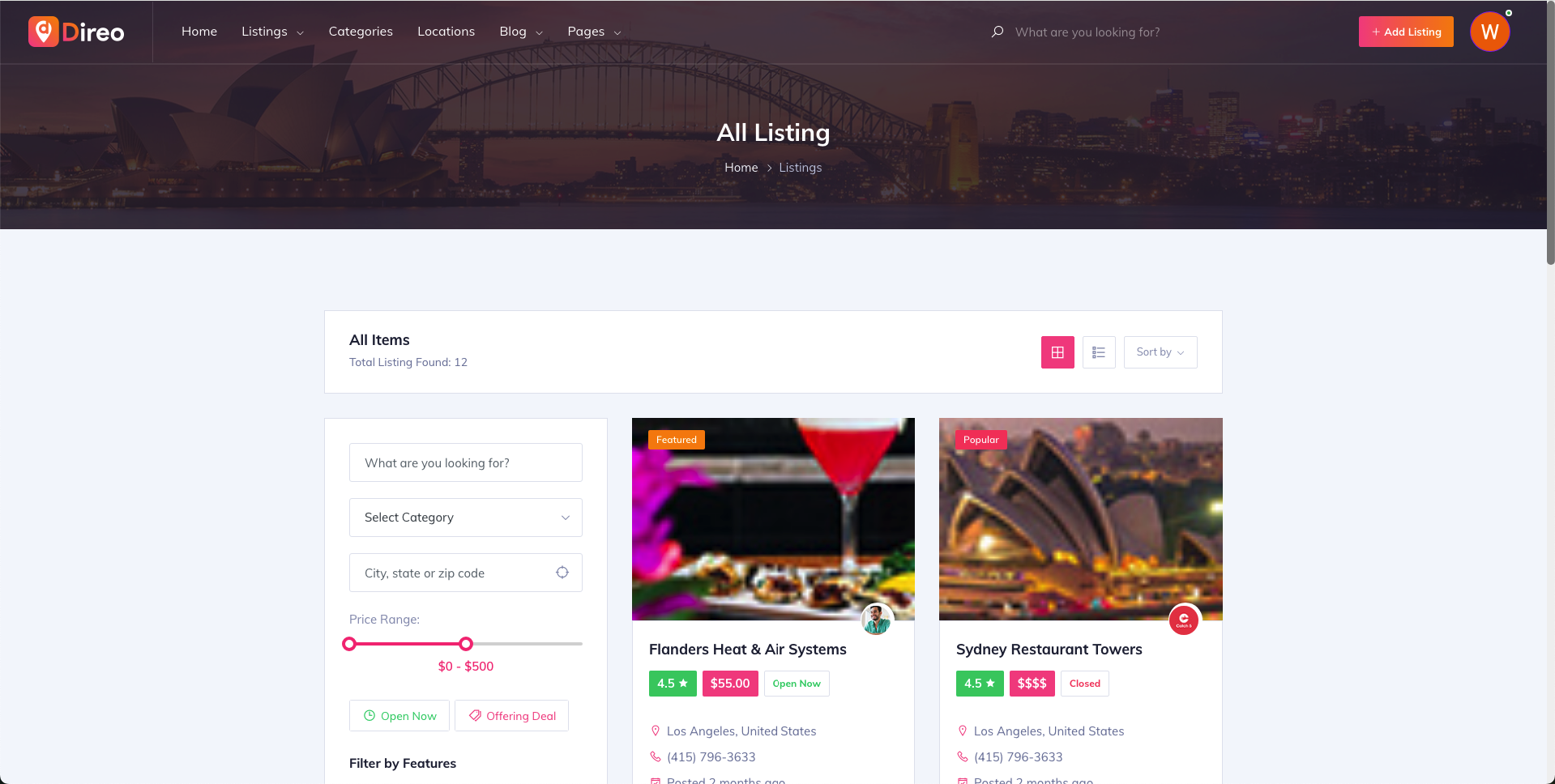 Listings Page